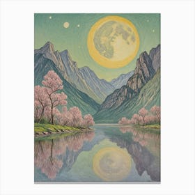 Giant Full Moon And Cherry Blossoms Canvas Print