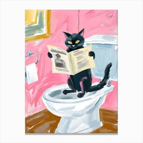 Black Cat Reading A Newspaper in the bathroom Canvas Print