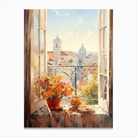 Window View Of Lisbon Portugal In Autumn Fall, Watercolour 1 Canvas Print