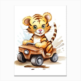 Baby Tiger On A Toy Car, Watercolour Nursery 3 Canvas Print
