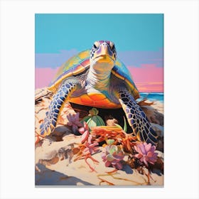 Modern Pastel Turtle Illustration With Plants 2 Canvas Print