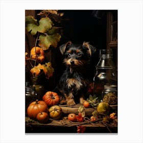 Dog With Pumpkins Canvas Print