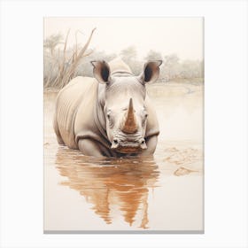 Vintage Illustration Of A Rhino In The Lake  1 Canvas Print