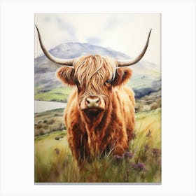 Watercolour Mountain Highland Cow 1 Canvas Print