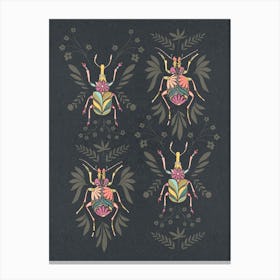 Floral Doodle Bugs x4 on black Canvas Print