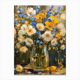 Blue And Yellow Flowers In A Vase Canvas Print