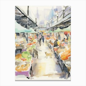 Food Market With Cats In Tokyo 2 Watercolour Canvas Print