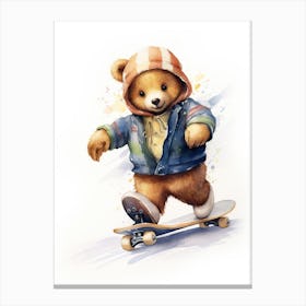 Skateboarding Teddy Bear Painting Watercolour 2 Canvas Print