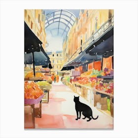 Food Market With Cats In Lyon 2 Watercolour Canvas Print