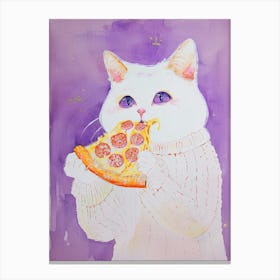 White Cat Eating Pizza Folk Illustration 2 Canvas Print