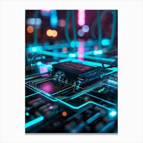 Circuit Board With Neon Lights Canvas Print