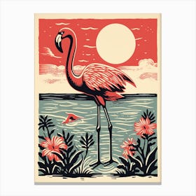Vintage Bird Linocut Flamingo 4 Canvas Print