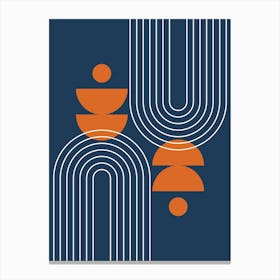 Modern Mid Century Sun, Moon Phases and Rainbow Abstract 29 in Navy Blue and Burnt Orange Canvas Print