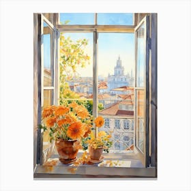 Window View Of Lisbon Portugal In Autumn Fall, Watercolour 2 Canvas Print