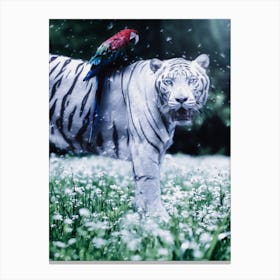 White Tiger And Parrow Under Dandelions Canvas Print