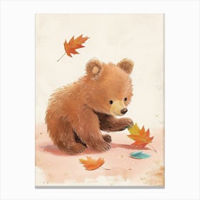 Brown Bear Cub Playing With A Fallen Leaf Storybook Illustration 2 Canvas Print