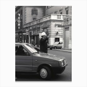 Policia Directing Traffic In Rome Black And White Canvas Print