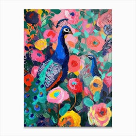 Peacock With The Roses Painting 2 Canvas Print