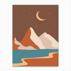 Mountain Landscape With Moon And Stars. Morocco - boho travel pastel vector minimalist poster Canvas Print