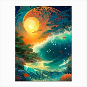 Ocean Wave At Night ~ The Great Barrier Reef Seascape Imagined Visionary Psychedelic Mandala Fractals Fantasy Artwork Sun Moon Yoga Spiritual Awakening Meditation Wall Room Decor Canvas Print