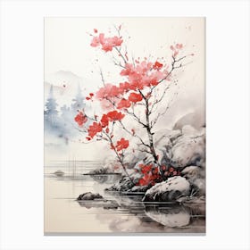 Red Small Stree, Japanese Brush Painting, Ukiyo E, Minimal 1 Canvas Print