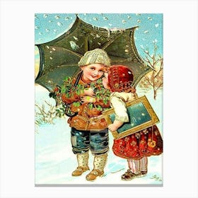 Boy And Girl Under Umbrella Canvas Print