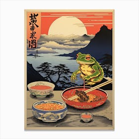 Frog Eating Ramen, Matsumoto Hoji Inspired Japanese Woodblock 3 Canvas Print