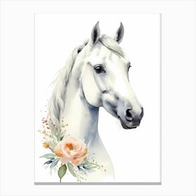 Floral White Horse Watercolor Painting (9) Canvas Print