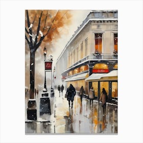 Paris cafes, winter season, Christmas, autumn oil colors, pale colors, pedestrians in the street, winter clothes, falling snow.Christmas decorations.16 Canvas Print