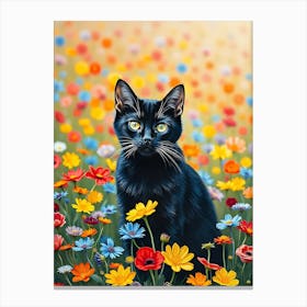 Black Cat In Flowers Canvas Print