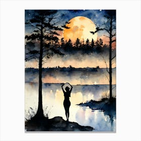 At The Lake ~ Full Moon Contemplating Serenity Calm Yoga Meditating Spiritual Grounding Heart Open Buddhist Indian Travel Guidance Wisdom Peace Love Witchy Beautiful Watercolor Woman Trees Blue Silhouette Canvas Print