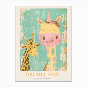 Giraffe & Unicorn Pastel Storybook Style 4 Poster Canvas Print