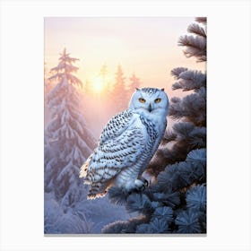 Snowy Owl Perches Tranquil Atop A Frosted Pine Serene Winter Sunrise Backlighting Rays Sifting Sof Canvas Print