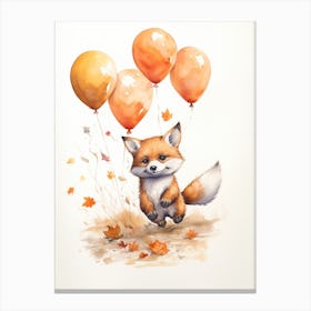 Fox Flying With Autumn Fall Pumpkins And Balloons Watercolour Nursery 1 Canvas Print