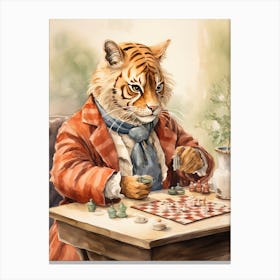 Tiger Illustration Playing Chess Watercolour 4 Canvas Print