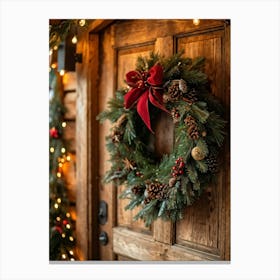 Extreme Close Up Photo Of A Festive Wreath Adorned With Holiday Decorations And Pine Needles Hanging Canvas Print