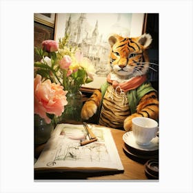 Tiger Illustration Doing Calligraphy Watercolour 4 Canvas Print