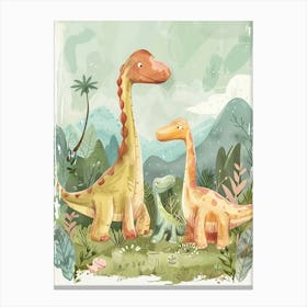Dinosaur Family In The Meadow Storybook Style Painting Canvas Print