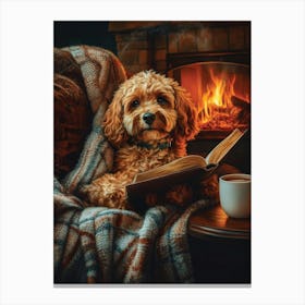 Cosy Cavapoo Reading By The Fire Canvas Print