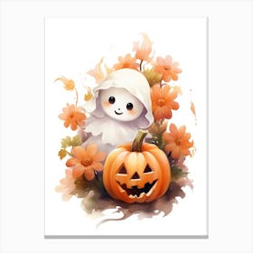 Cute Ghost With Pumpkins Halloween Watercolour 30 Canvas Print