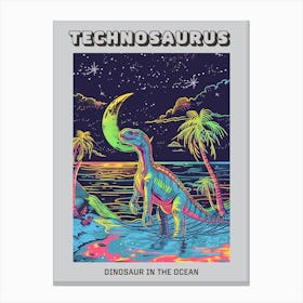 Neon Blue Dinosaur In The Ocean At Night Poster Canvas Print