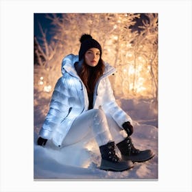 Beautiful woman in illuminating down jacket, winter scenery at night Canvas Print