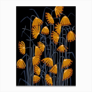 Linocut Flower Meadow Mustard Black Canvas Print