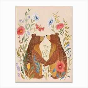 Folksy Floral Animal Drawing Brown Bear Canvas Print