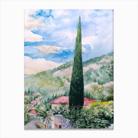 Cypress Tree and Greek Village Canvas Print
