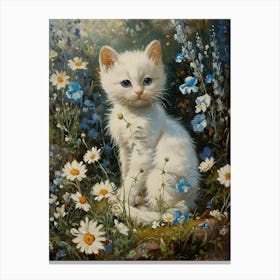 White Kitten In Field Of Daisies Rococo Inspired 4 Canvas Print