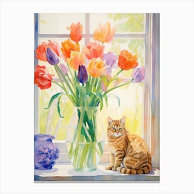Cat With Tulip Flowers Watercolor Mothers Day Valentines 3 Canvas Print