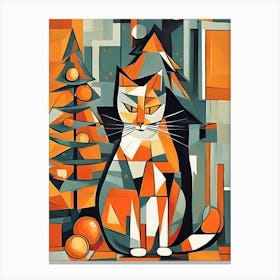 Cat with Oranges and Christmas Tree Cubism Canvas Print