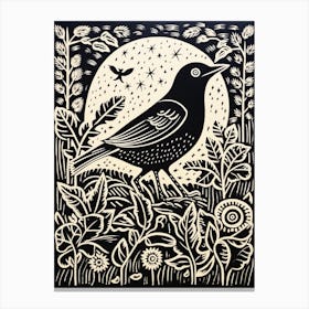 B&W Bird Linocut Blackbird 3 Canvas Print