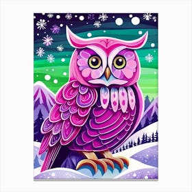 Pink Owl Snowy Landscape Painting (152) Canvas Print